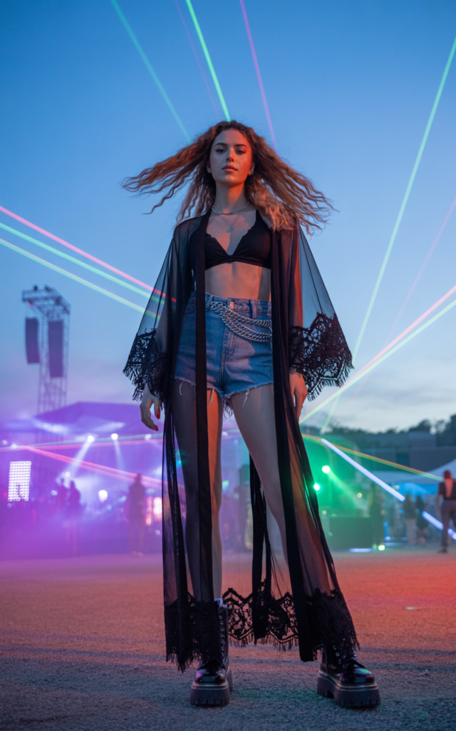 Style a Gothic Kimono Over a Bralette and Shorts