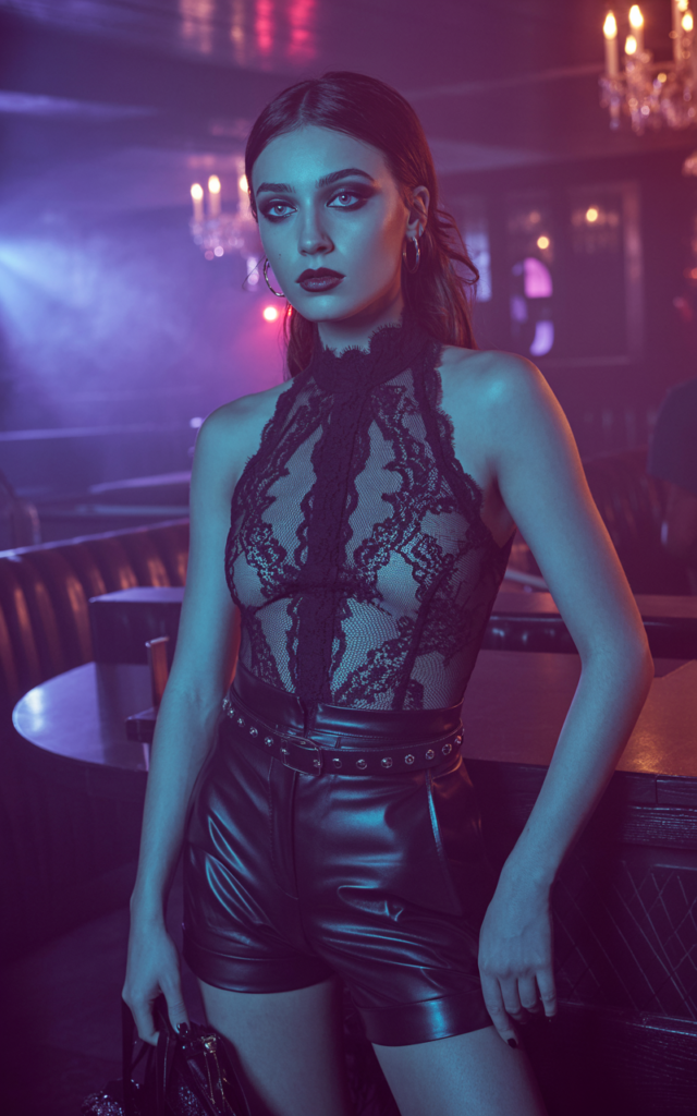 Style a High-Neck Lace Top With Leather Shorts