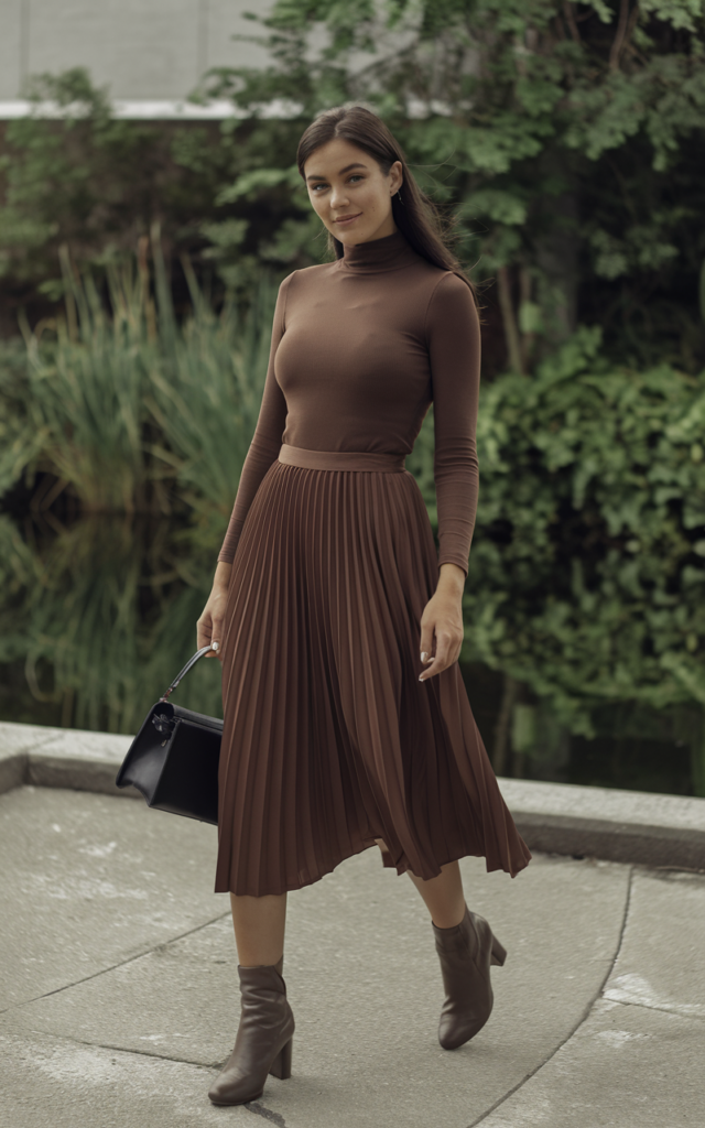 Style a Pleated Midi Skirt with a Fitted Turtleneck