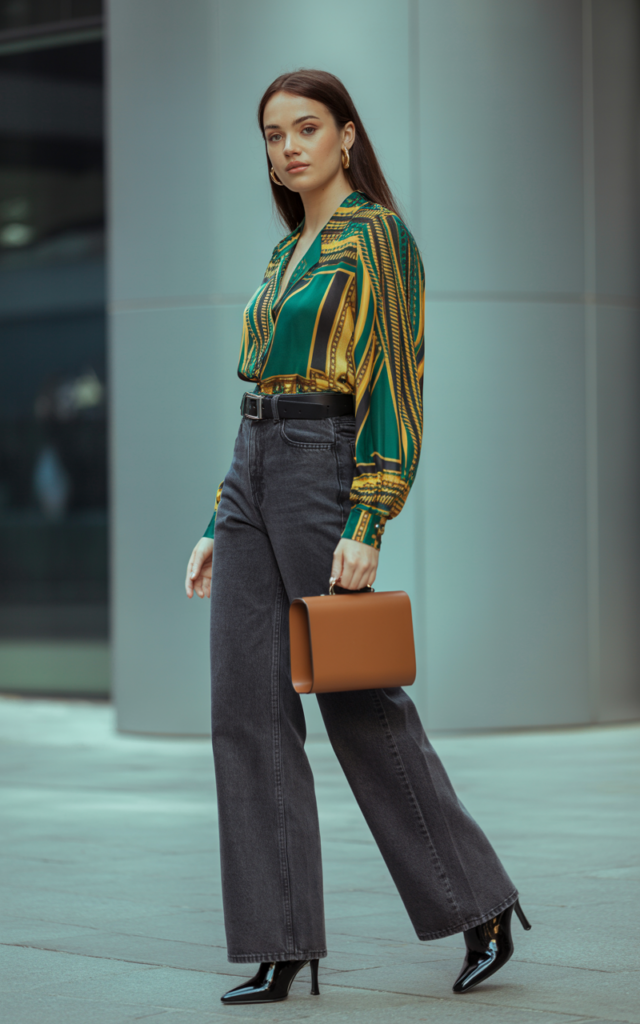 Style a Statement Blouse with Dark Wide-Leg Jeans