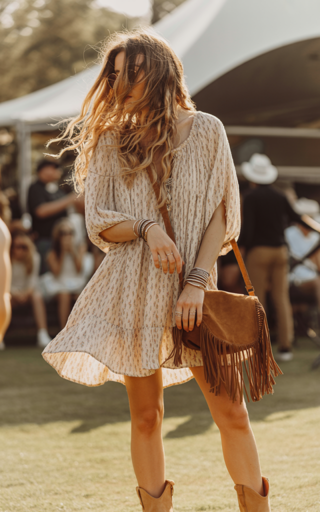 Style a boho mini dress with Western boots.