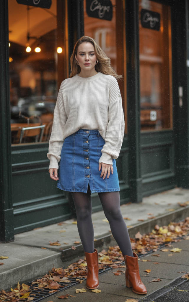 Style a button-front denim skirt with a ribbed sweater