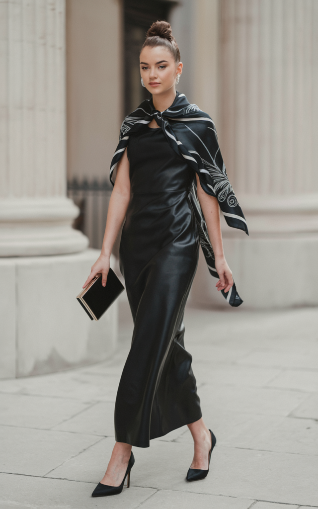 Style a column dress with a dramatic scarf.