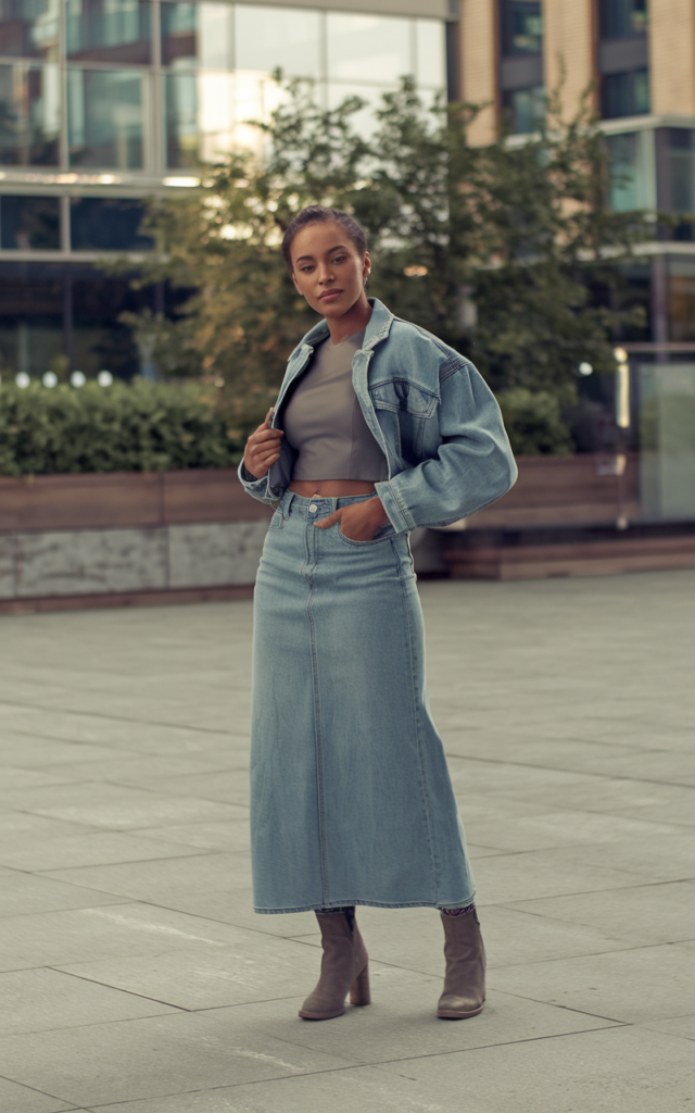 Style a long denim skirt with a cropped jacket