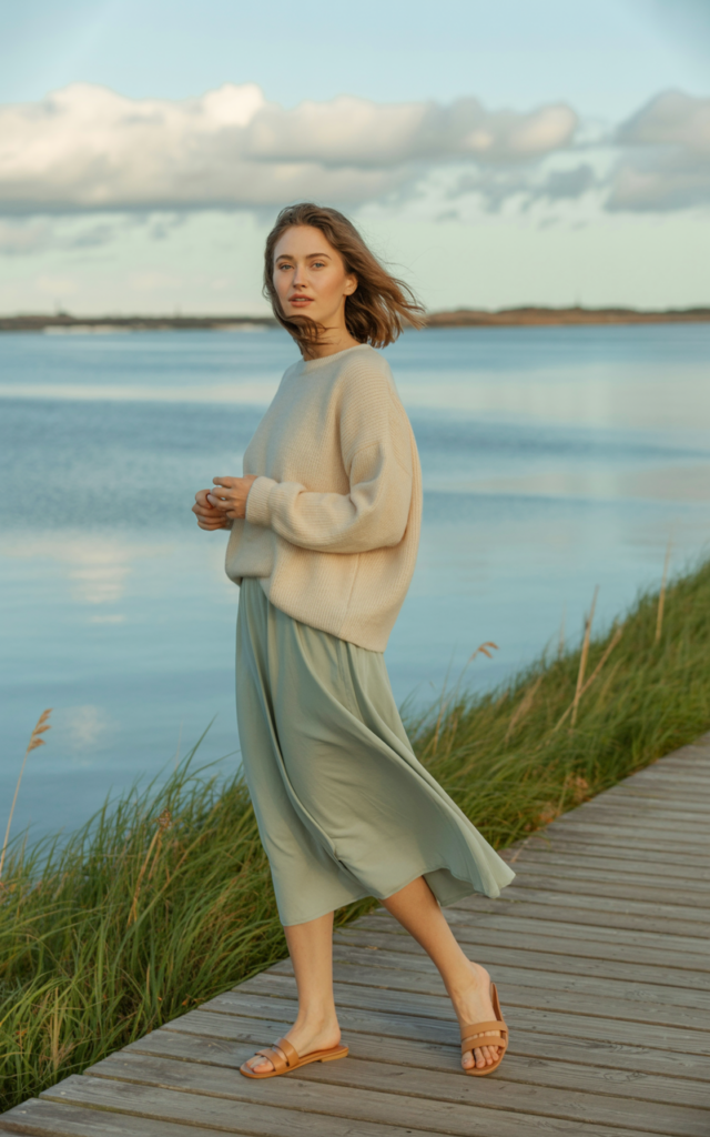 Style a midi skirt with a soft knit top