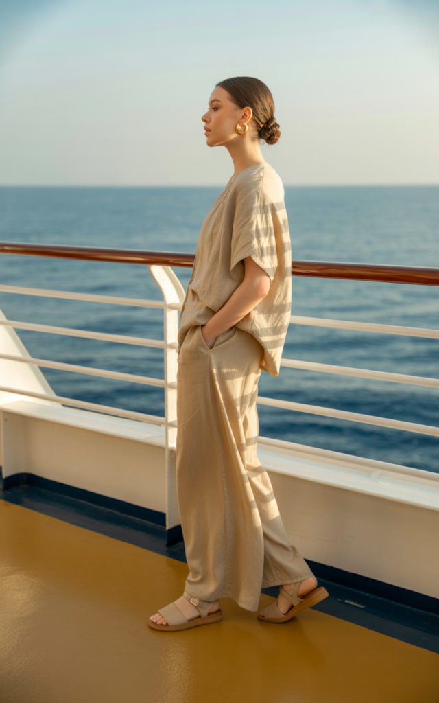 Style a monochrome linen set with minimalist sandals.