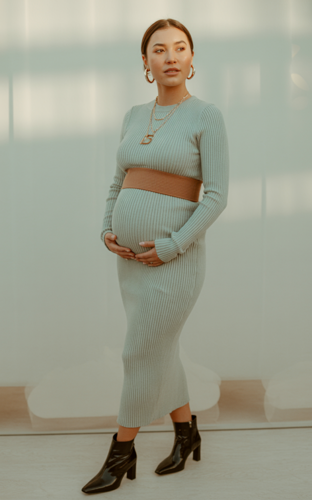 Style a ribbed knit midi dress with a statement belt.