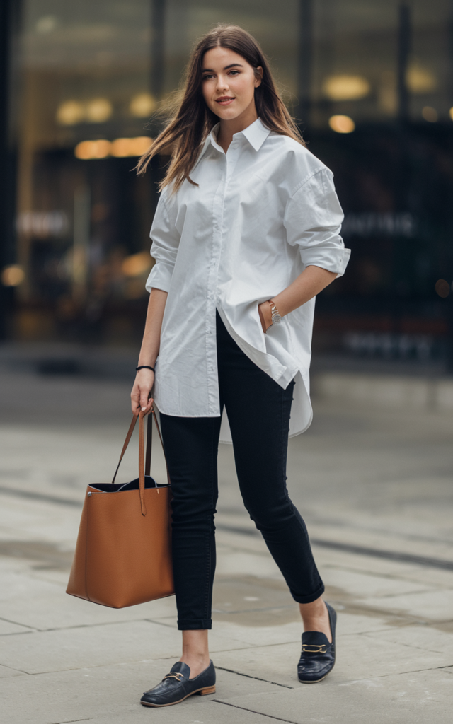 Style an Oversized Button-Down with Slim Ankle Pants