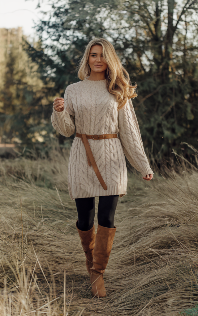 Style black leggings with a belted sweater dress