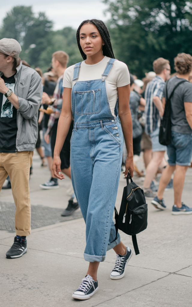 Style relaxed overalls with a fitted tee underneath.
