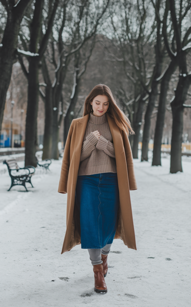 Throw a long wool coat over any denim skirt outfit