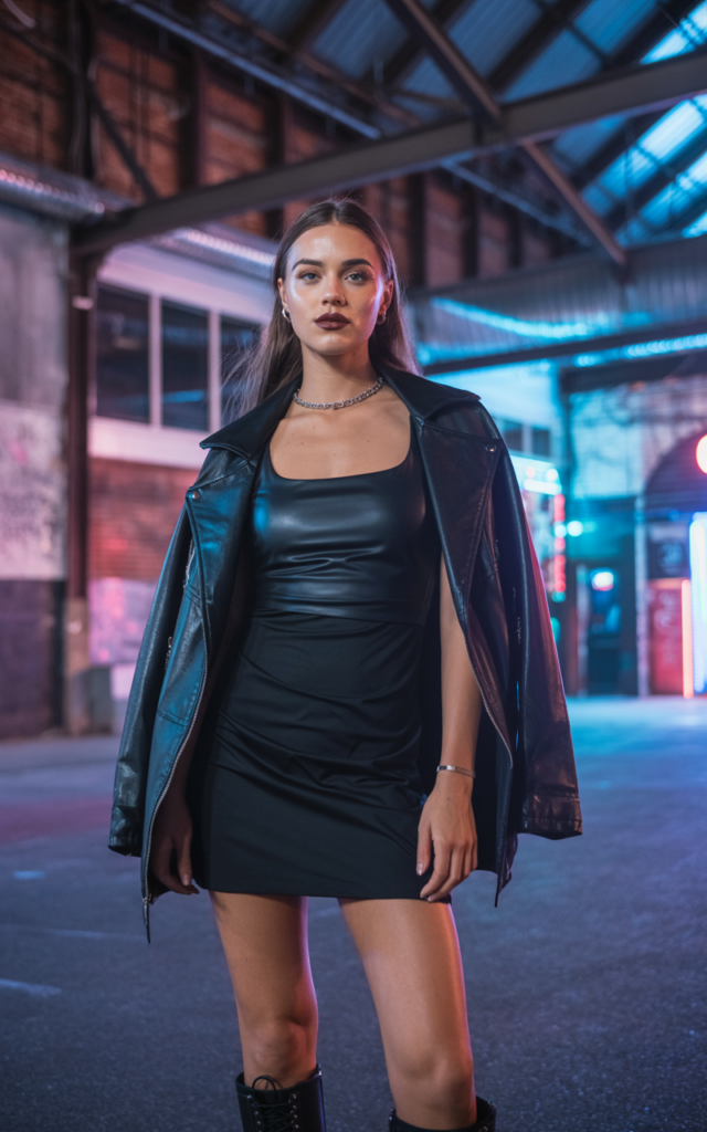 Throw on an Oversized Leather Jacket Over a Mini Dress