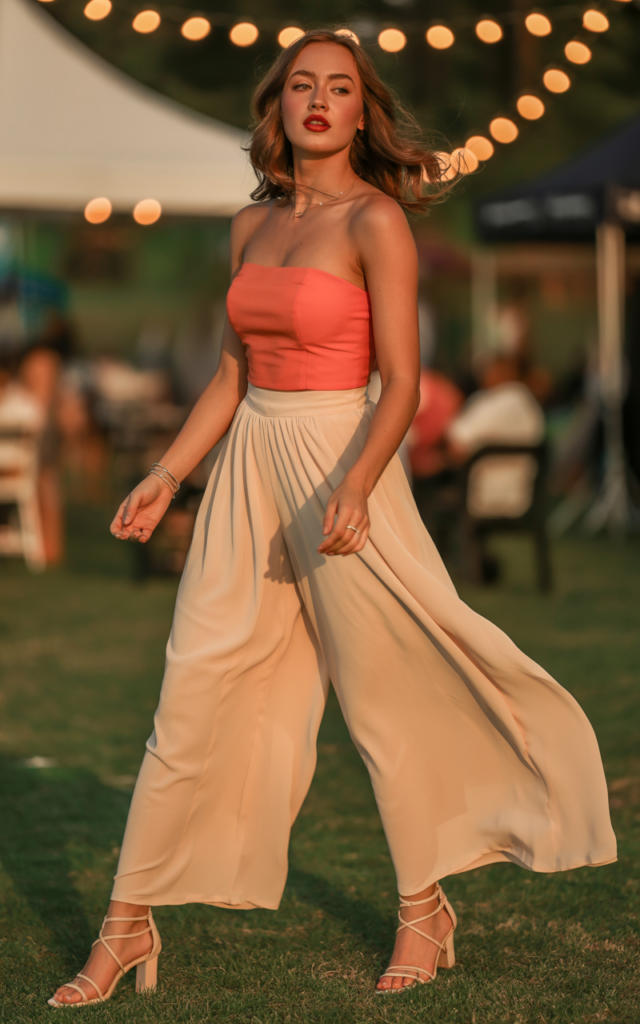 Try a strapless top with flowy palazzo pants.