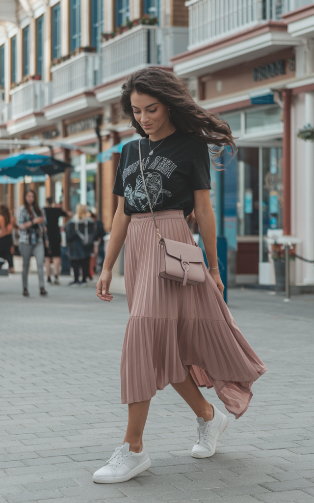 Tuck a graphic tee into a midi skirt.