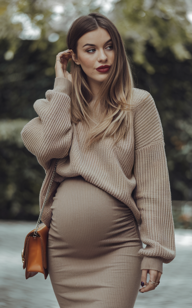 Tuck a soft knit sweater into a maternity midi skirt.