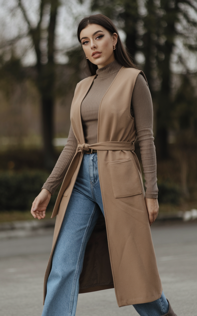 Wear a Belted Longline Vest over a Simple Base Layer