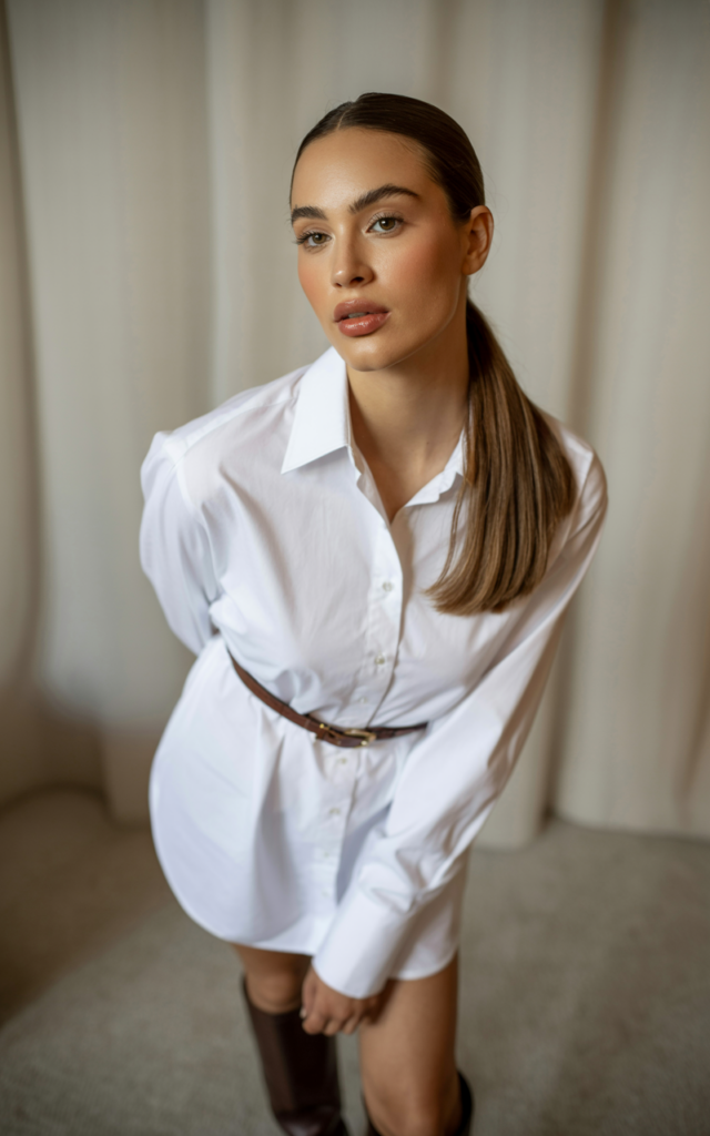 Wear a Belted Shirt Dress with Knee-High Boots