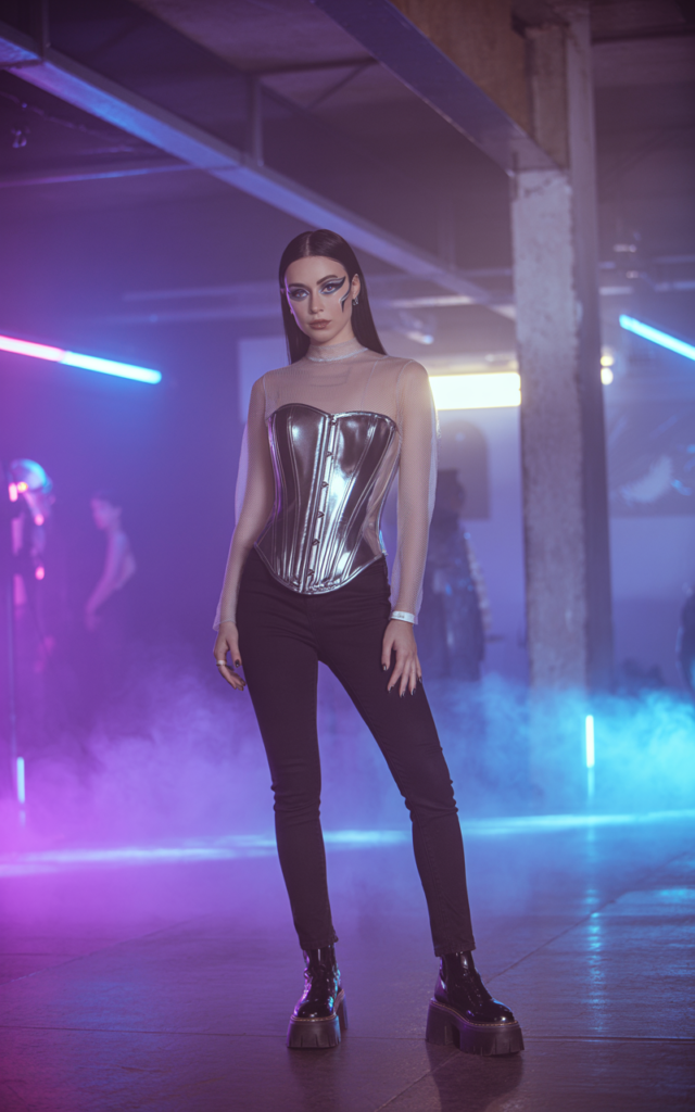 Wear a Metallic Corset With Black Skinny Jeans