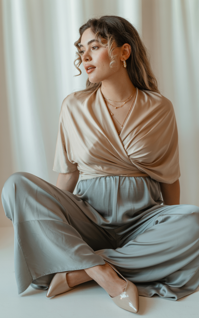 Wear a silky wrap top with wide-leg maternity pants.