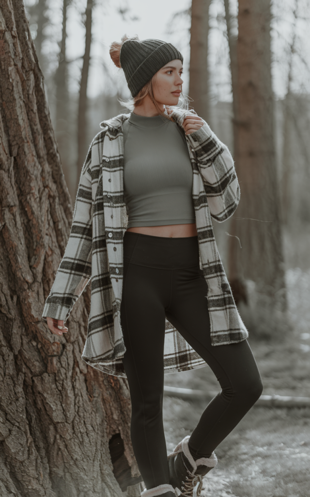 Wear leggings with a flannel shirt and thermal layers