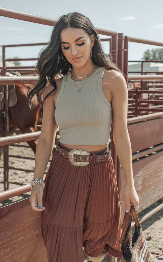 Wrap a Western Belt Over a Midi Skirt and Tank