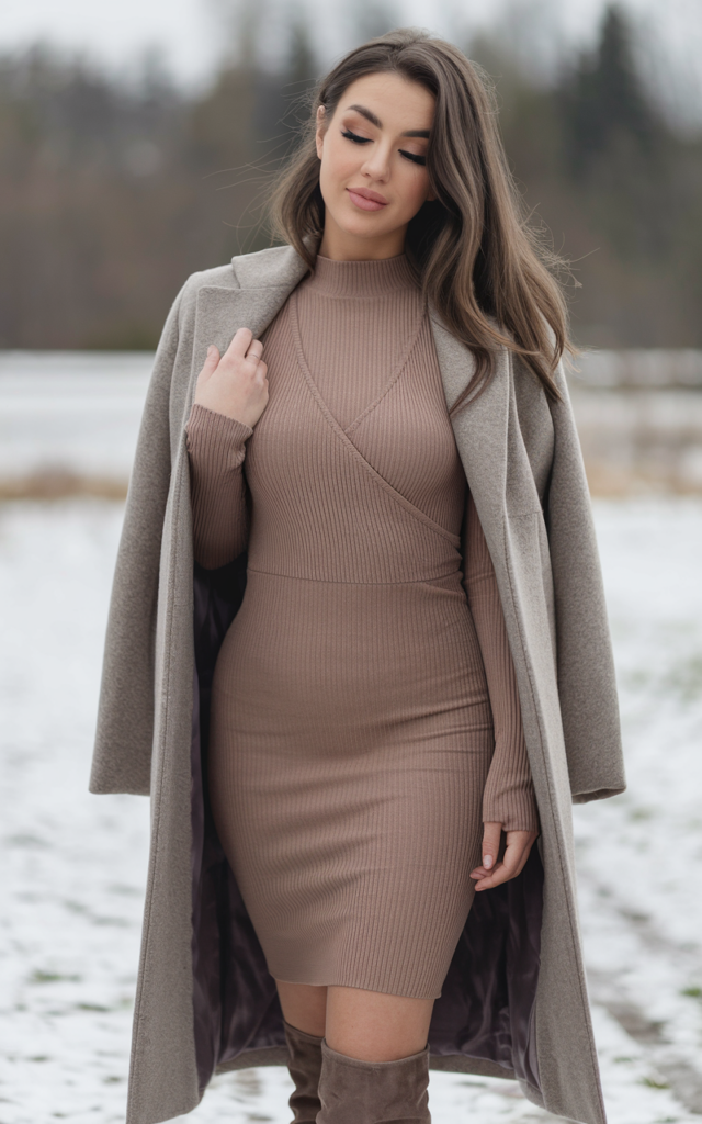 Wrap a knit dress with knee-high boots.