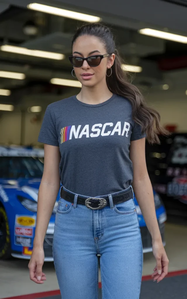 Add a statement belt to a NASCAR tee and jeans