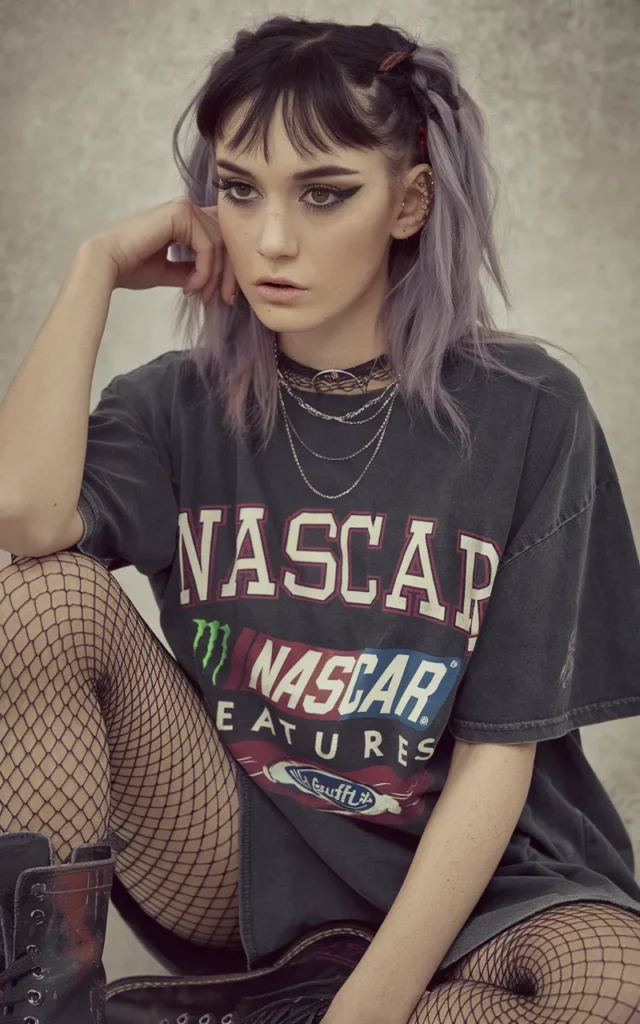 Add fishnet tights under a racing tee dress