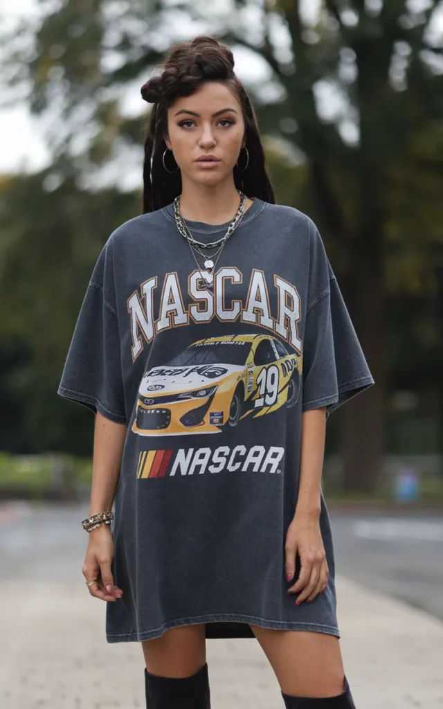 Add knee-high boots to a racing tee dress