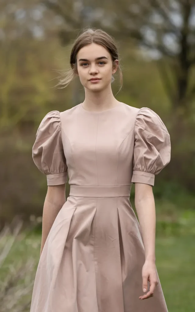 Choose a dress with puff sleeves and clean lines