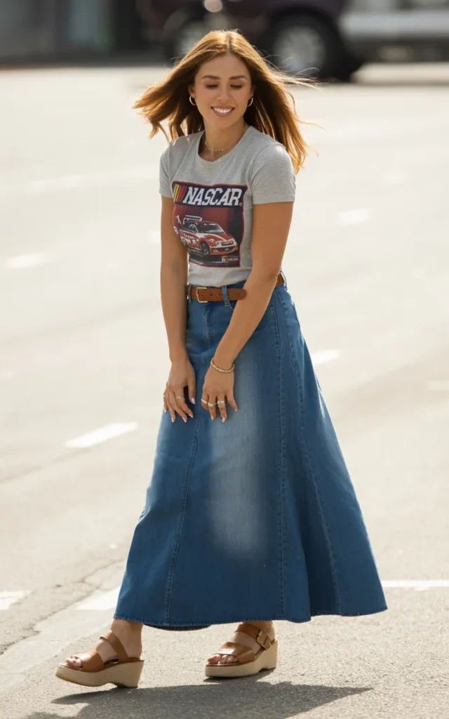 Combine a NASCAR tee with a denim maxi skirt