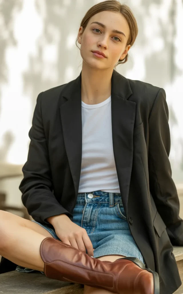 Combine a black blazer with denim shorts