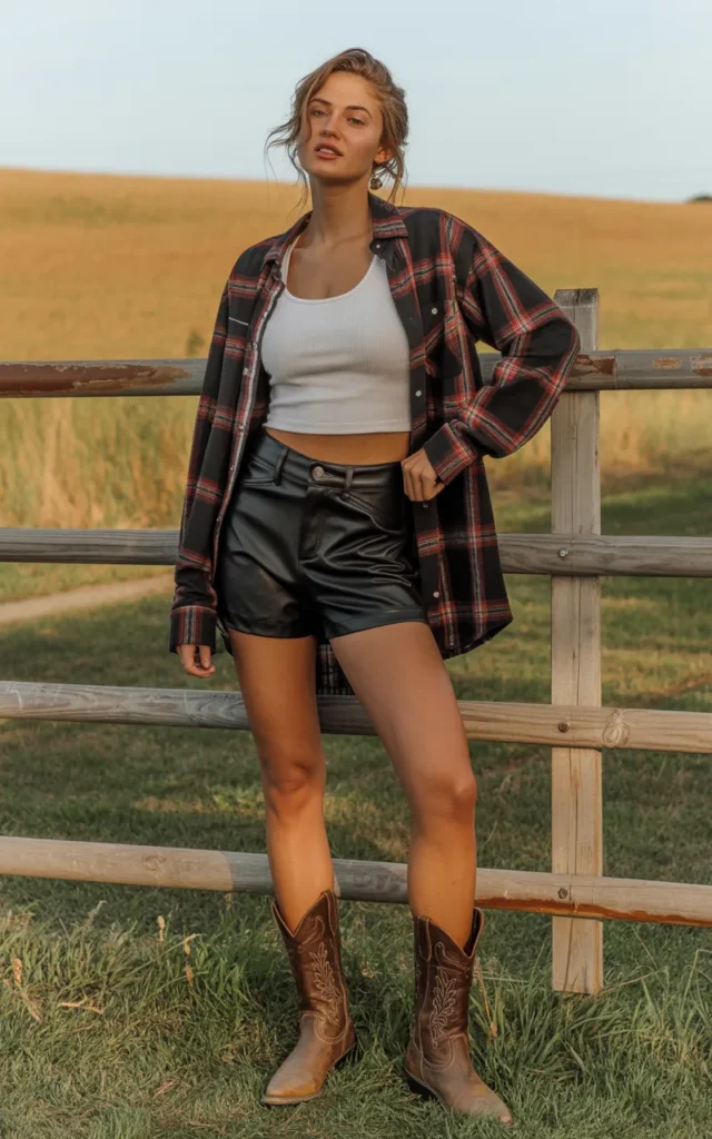 Combine a black flannel shirt with leather shorts