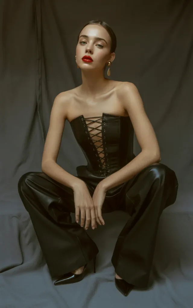 Combine a corset top with wide-leg trousers.