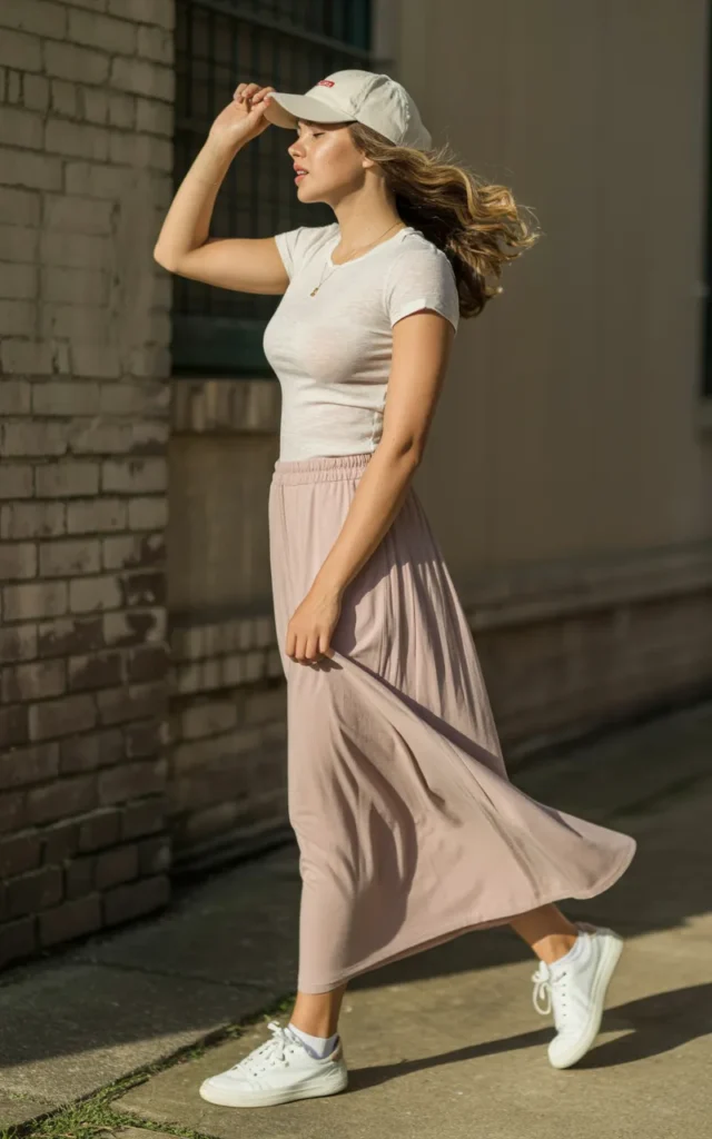 Combine a fitted tee with a maxi skirt and sneakers