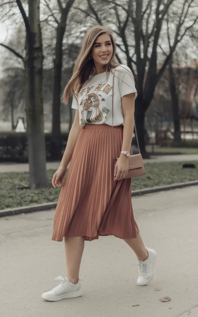 Combine a graphic tee with a pleated midi skirt