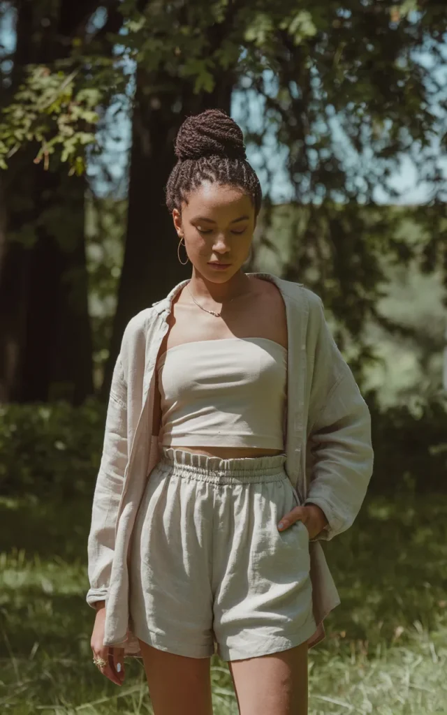 Combine a tube top with a lightweight linen shirt and shorts