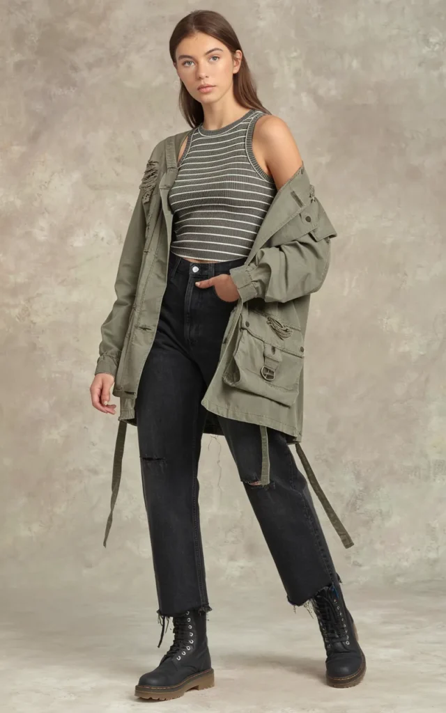 Combine a utility jacket with a striped tank and black jeans