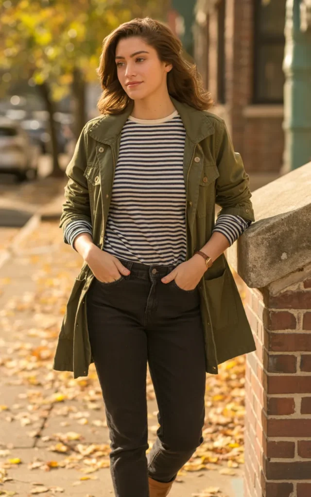 Combine a utility jacket with a striped tee and black jeans.