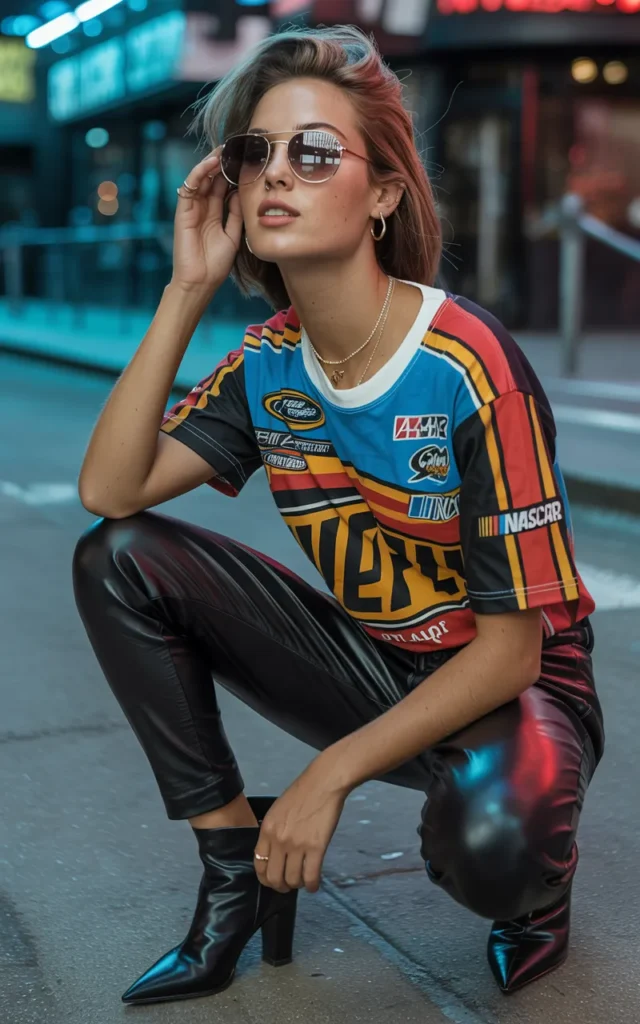 Combine leather pants with a graphic racing tee