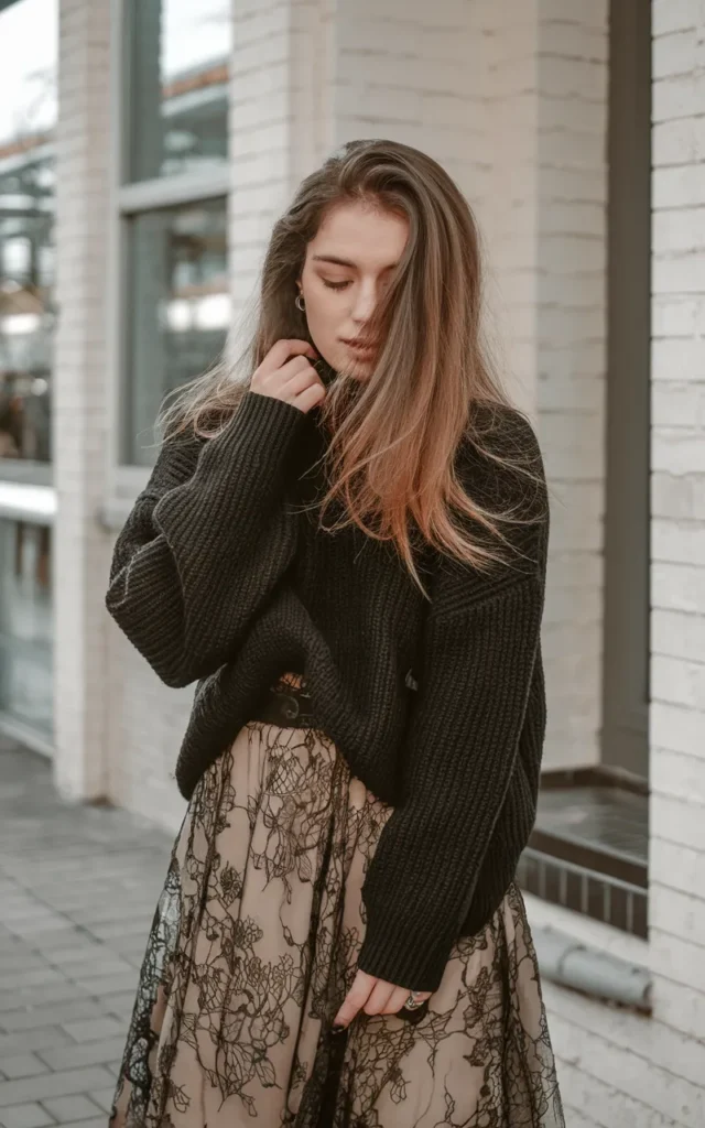 Contrast a lace skirt with a chunky knit sweater.