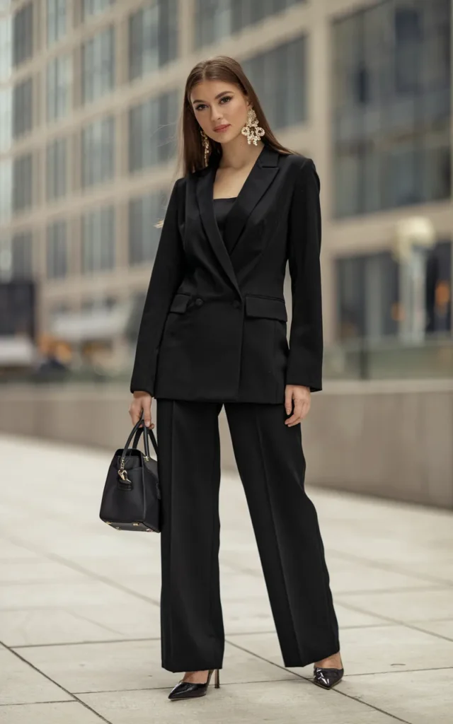 Finish with a power suit styled with bold accessories