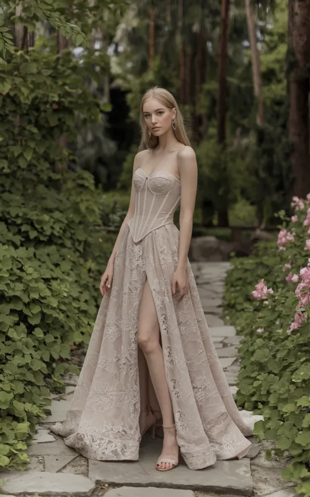 Go for a corset lace gown with a dramatic slit