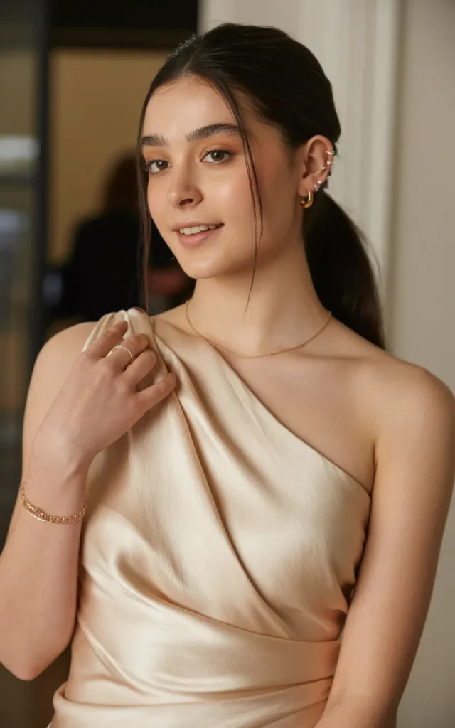 Go for a one-shoulder draped gown in champagne