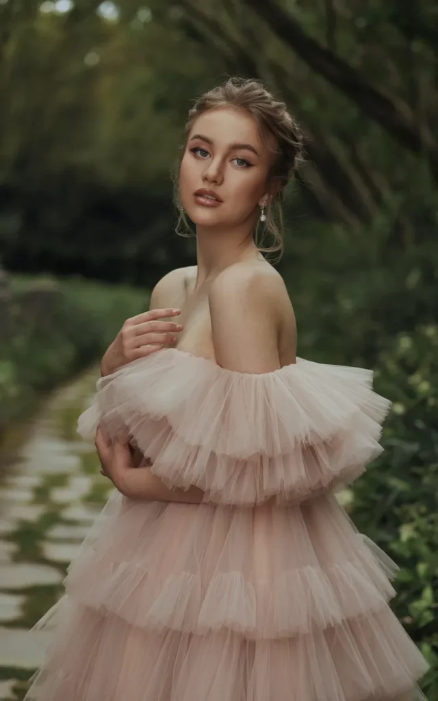 Go for a soft blush tulle ball gown with layers