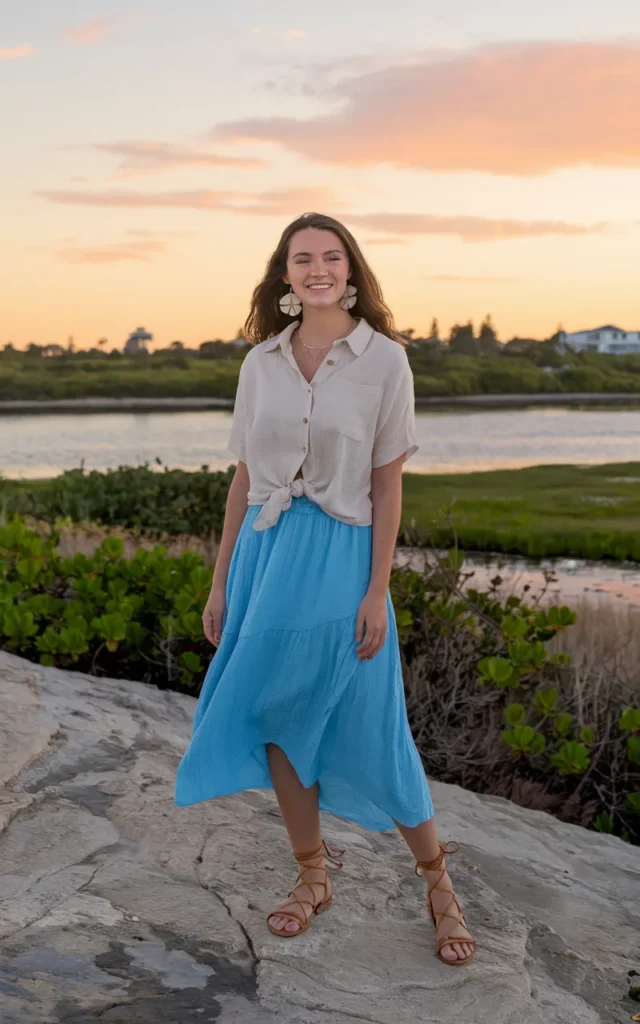 Knot a button-up at the waist with a midi skirt.
