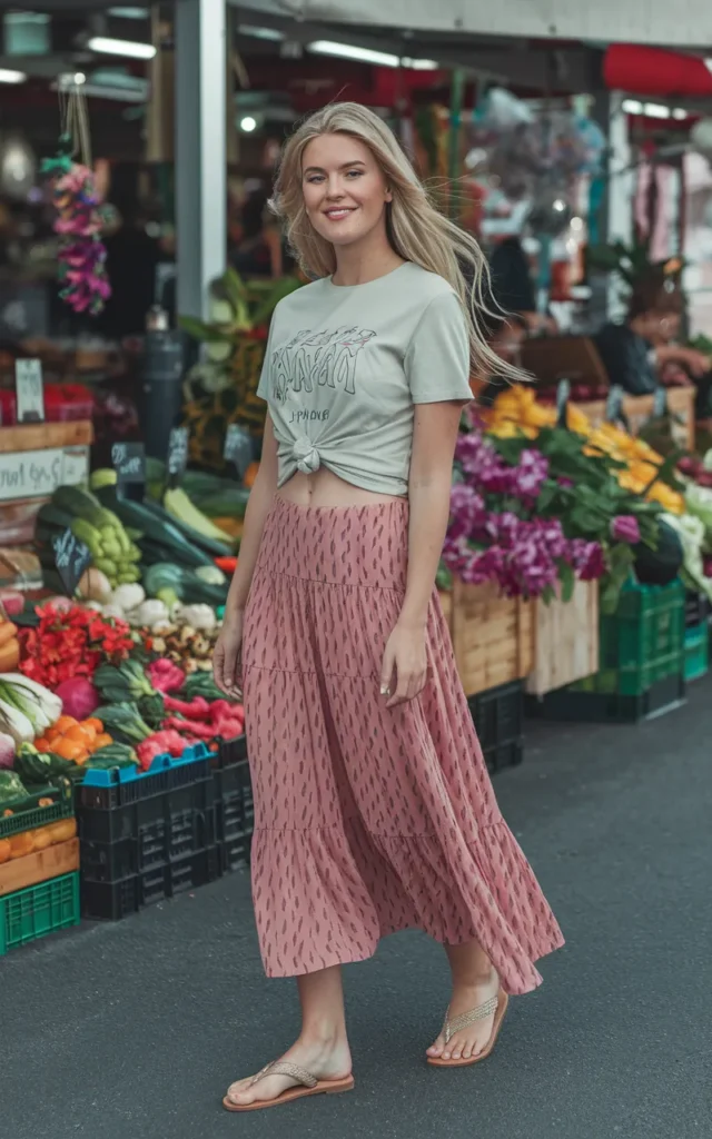 Knot a graphic tee over a maxi skirt.