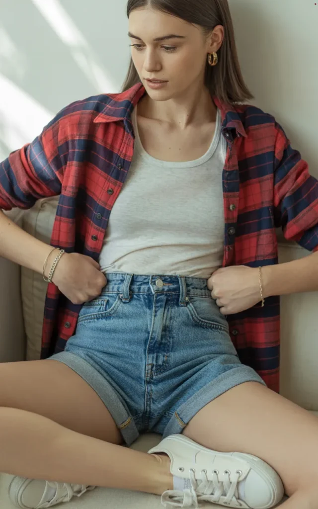 Knot a plaid shirt over high-rise denim shorts