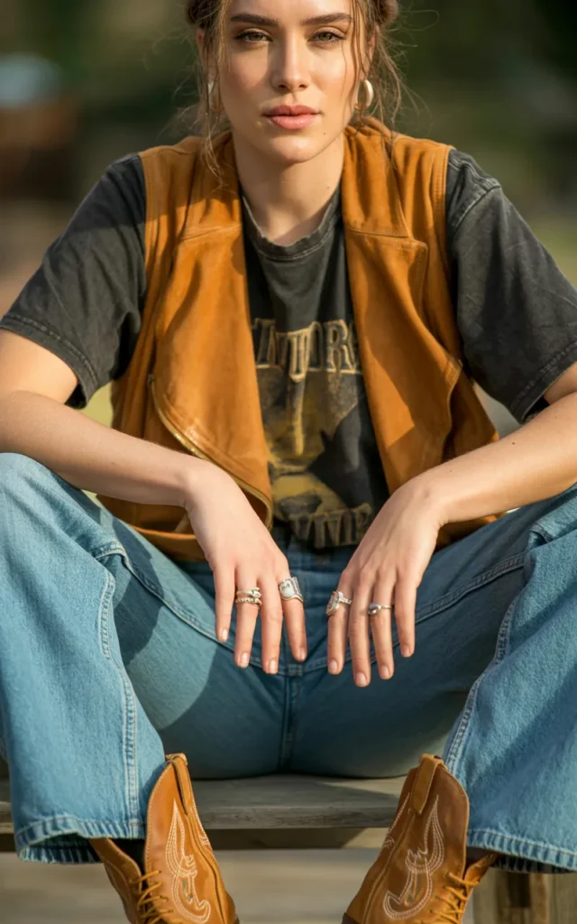 Layer a black graphic tee under a suede vest