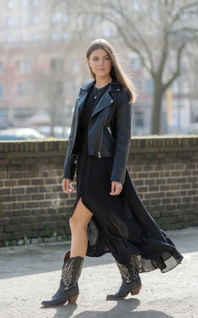 Layer a black leather jacket over a maxi dress